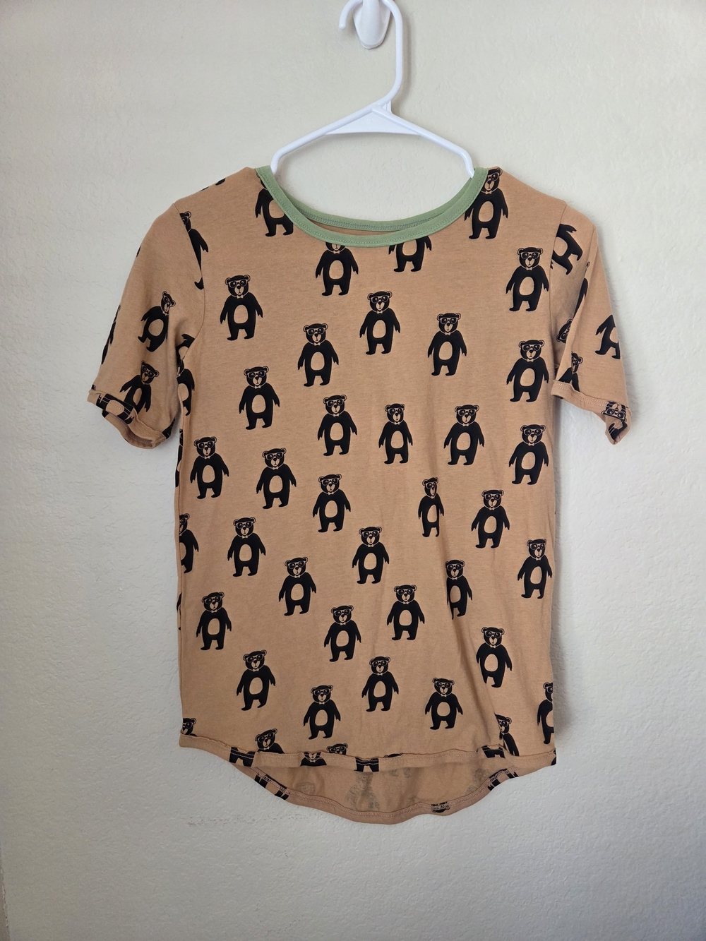 Dot Dot Smile Beige Tee with Black Bear Print and Green Neck Trim